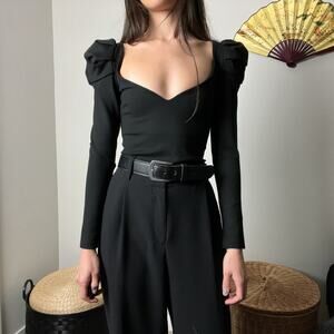 amanda uprichard black cinderella puff sleeve sweetheart fitted blouse top